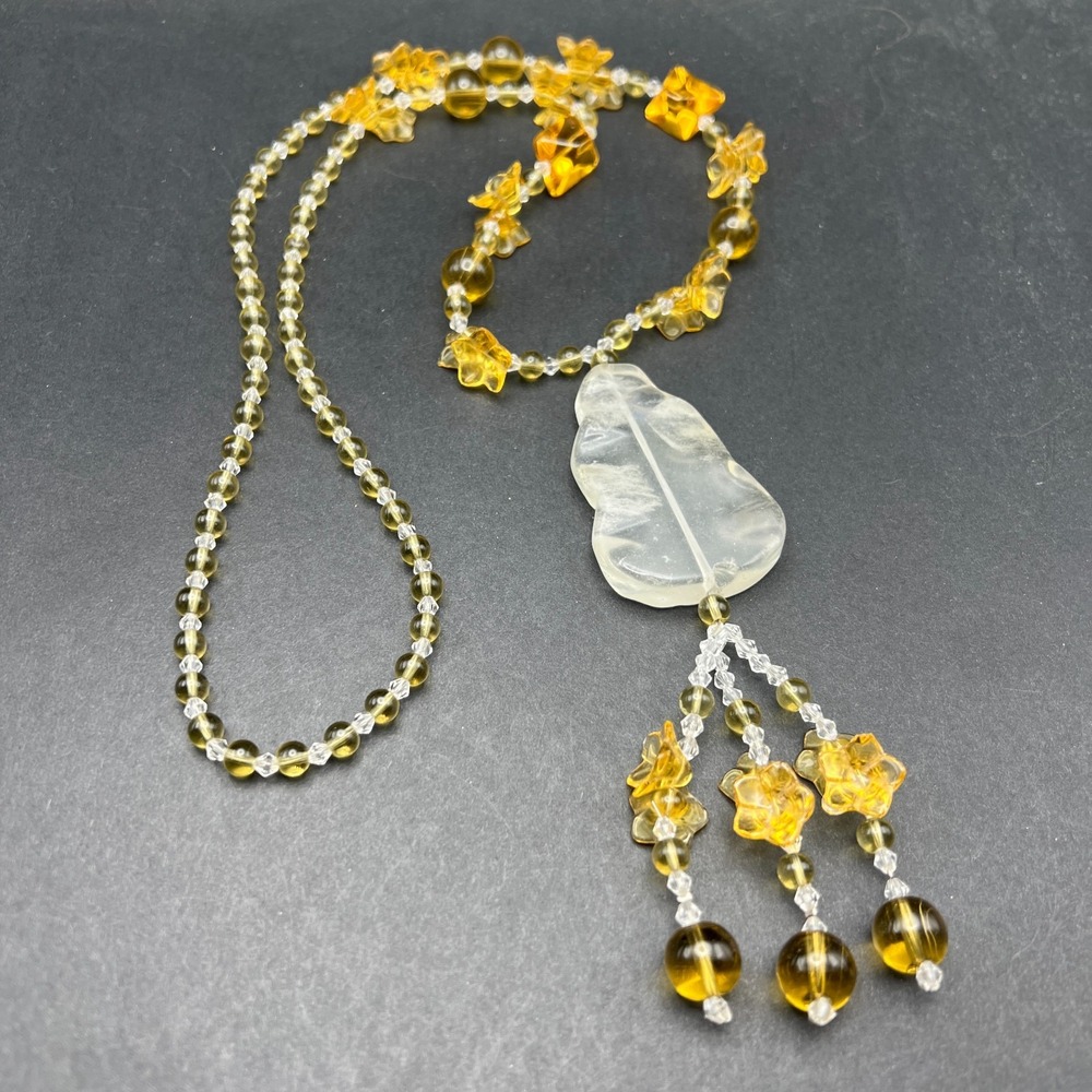 Vintage Beaded Necklace Bohemian Leaf Pendant Long Yellow Glass Floral Tassel